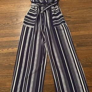 Monteau Blue and White Wide Leg Jumpsuit with Tie Waist